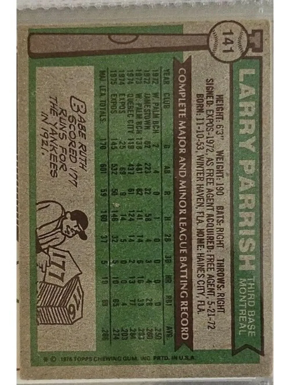 1976 Topps - MONTREAL EXPOS LARRY PARRISH ROOKIE CARD #141